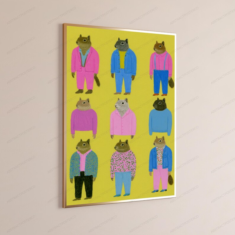 May include: A framed wall art print featuring a grid of nine illustrated squirrels standing upright on a solid yellow background. Each squirrel is dressed in different colorful clothing, including various shirts, jackets, and pants in shades of pink, blue, and green.