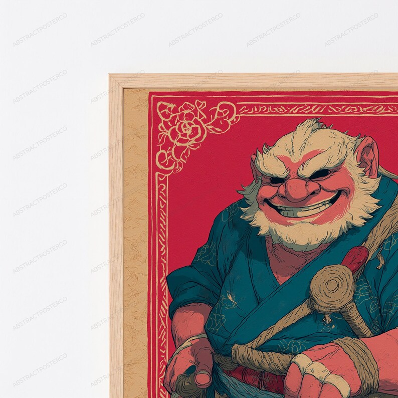 K&ouml;nnte beinhalten: Ein gerahmter Wandkunstdruck, der eine rot-h&auml;utige, b&auml;rtige Figur mit einem breiten Grinsen zeigt, die ein blaues Kleidungsst&uuml;ck mit seilartigen Bindungen tr&auml;gt. Der Hintergrund ist tiefrot mit einer dekorativen floralen Umrandung.