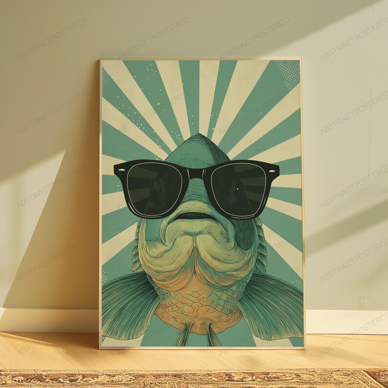 May include: A rectangular wall art print featuring a stylized illustration of a fish wearing large black sunglasses. The fish is centered against a background of radiating light teal and cream-colored sunburst lines with a subtle dot pattern.