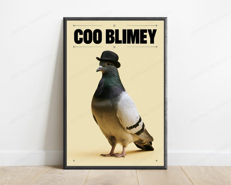 Coo Blimey Pigeon Bowler Hat | Funny Bird Pun Wall Art | Quirky Animal Print image 1