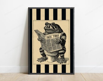 Frog on Toilet Reading Newspaper Vintage Print | Funny Bathroom Wall Art | Quirky Animal Decor | Digital Download A3 A2 A1