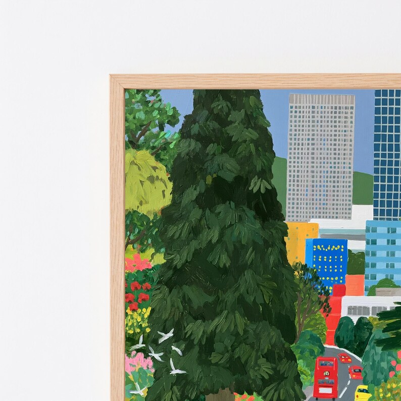 Urban Garden Street Scene Print | Colourful City Park Wall Art | Minimalist Landscape Decor | Digital Download A3 A2 A1 image 8