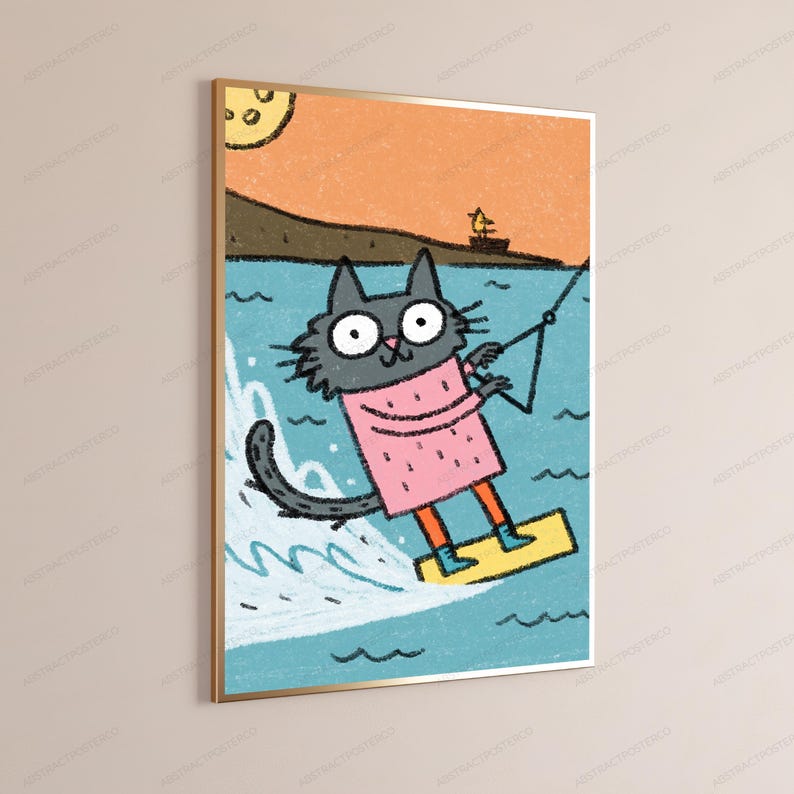 Happy Surfing Cat Pop Art Print | Cute Kitten Beach Wall Art | Minimalist Summer Decor | Digital Download A3 A2 A1 image 3