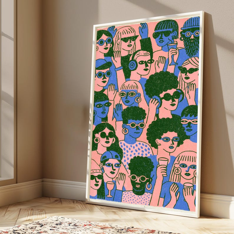 May include: A vertical rectangular art print featuring a crowded scene of stylised figures in a pink, blue, and dark green colour palette. The illustration depicts a group of people with various hairstyles, wearing sunglasses and holding glasses.