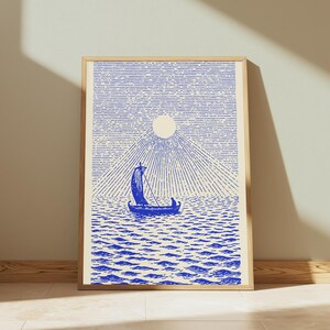 Sailing Boat Mountain Sunrise Line Art Print | Blue Minimalist Wall Art | Nautical Home Decor | Digital Download A3 A2 A1 image 3