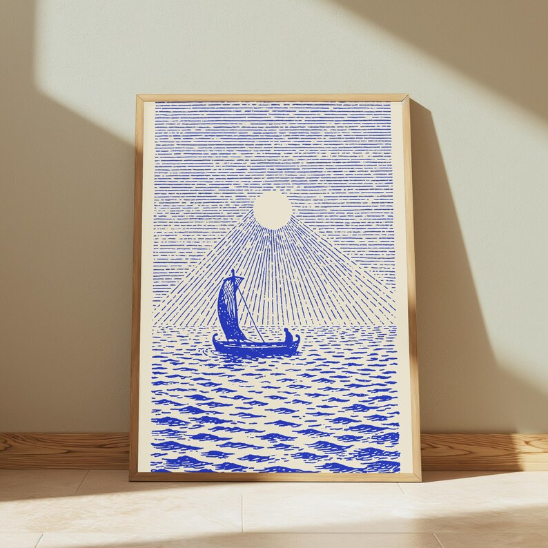 Sailing Boat Mountain Sunrise Line Art Print | Blue Minimalist Wall Art | Nautical Home Decor | Digital Download A3 A2 A1 image 3