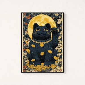 May include: A framed rectangular wall art print featuring a black beckoning cat centered against a large yellow full moon. The cat wears a gold collar with a bell, surrounded by floating gold coins and a dense background of dark floral patterns.