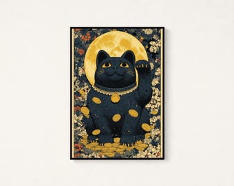 Black Lucky Cat with Moon | Maneki Neko Gold Coin Art Print | Prosperity Wall Decor | Digital Download A3 A2 A1