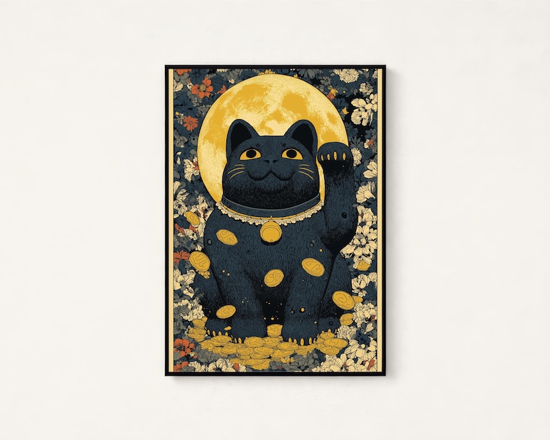 May include: A framed rectangular wall art print featuring a black beckoning cat centered against a large yellow full moon. The cat wears a gold collar with a bell, surrounded by floating gold coins and a dense background of dark floral patterns.