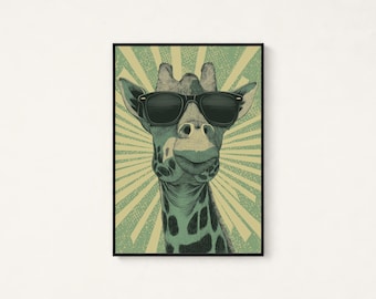 Cool Giraffe Sunglasses Print | Retro Pop Art | Minimalist Animal Wall Decor | Digital Download A3 A2 A1