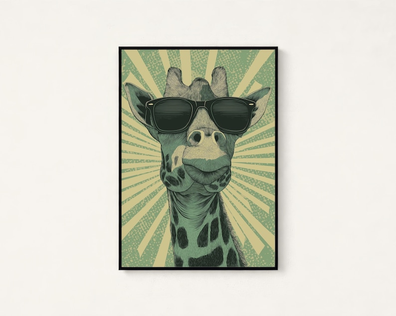 May include: A framed wall art print featuring a stylized illustration of a giraffe wearing black sunglasses. The giraffe has dark brown spots on a light green background with a radiating sunburst pattern in muted yellow and green tones.