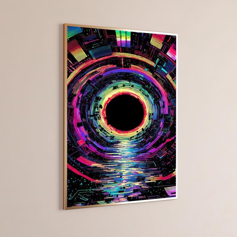 May include: A rectangular wall art print in a thin gold frame featuring a digital abstract composition. The design displays concentric rings of vibrant neon pink, blue, yellow, and green light surrounding a solid black circular center.