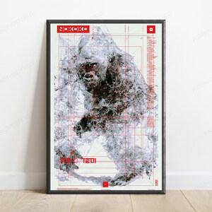 May include: A framed poster featuring a black and white abstract illustration of a gorilla overlaid with a red grid and technical lines. The text NOKOKO appears at the top in a red box, with additional small red text and symbols throughout.