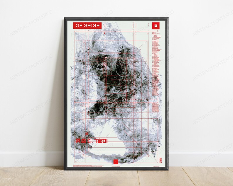 May include: A framed poster featuring a black and white abstract illustration of a gorilla overlaid with a red grid and technical lines. The text NOKOKO appears at the top in a red box, with additional small red text and symbols throughout.