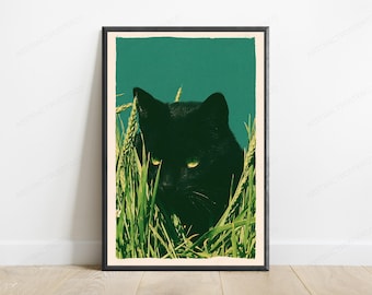 Chat noir dans un champ de blé doré | Décoration murale minimaliste nature | Impression pop art vintage | Téléchargement numérique A3 A2 A1