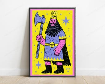 Cosmic Demon King with Axe Pop Art Print | Colorful Warrior Fantasy Art | Bold Wall Decor | Digital Download A3 A2 A1