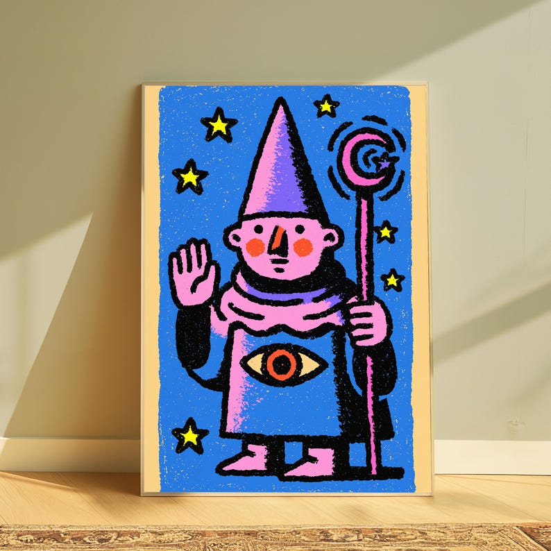 May include: A rectangular art print featuring a stylized illustration of a pink-skinned wizard wearing a purple pointed hat and robe. The wizard holds a pink staff with a crescent moon top, has an eye symbol on the chest, and is surrounded by yellow stars on a blue background.