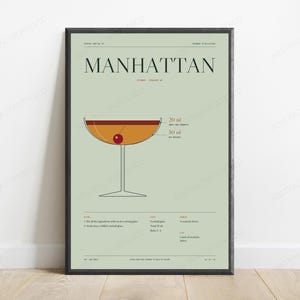 Manhattan-Cocktail-Rezept in Salbeigrün drucken | Vintage-Bar-Kunst | Minimalistisches Getränkeposter