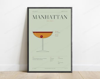 Manhattan-Cocktail-Rezept in Salbeigrün drucken | Vintage-Bar-Kunst | Minimalistisches Getränkeposter