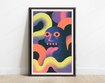Neon Creature Pop Art Print | Halftone Monster Wall Art | Vibrant Minimalist Home Decor | Digital Download A3 A2 A1