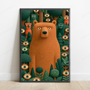 May include: A framed vertical wall art print featuring a large, textured orange bear centered in a dense forest. The forest is filled with various green trees, smaller animal figures, and numerous floating eyes with orange irises and white sclera.