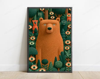 Speelse bosbeer met oplettende ogen | Minimalistische dierenkunst | Boswanddecoratie | Digitale download A3 A2 A1