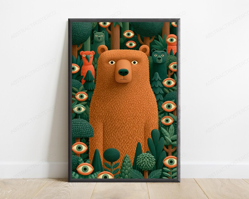 May include: A framed vertical wall art print featuring a large, textured orange bear centered in a dense forest. The forest is filled with various green trees, smaller animal figures, and numerous floating eyes with orange irises and white sclera.