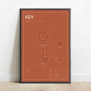 Vintage Key Technical Blueprint Print | Minimalist Steampunk Wall Art | Retro Industrial Decor