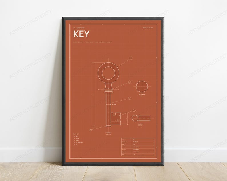 Vintage Key Technical Blueprint Print | Minimalist Steampunk Wall Art | Retro Industrial Decor image 1