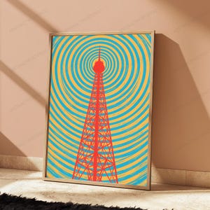 Lámina minimalista de la Torre de Comunicación Roja / Arte mural de arquitectura urbana / Descarga digital imagen 4