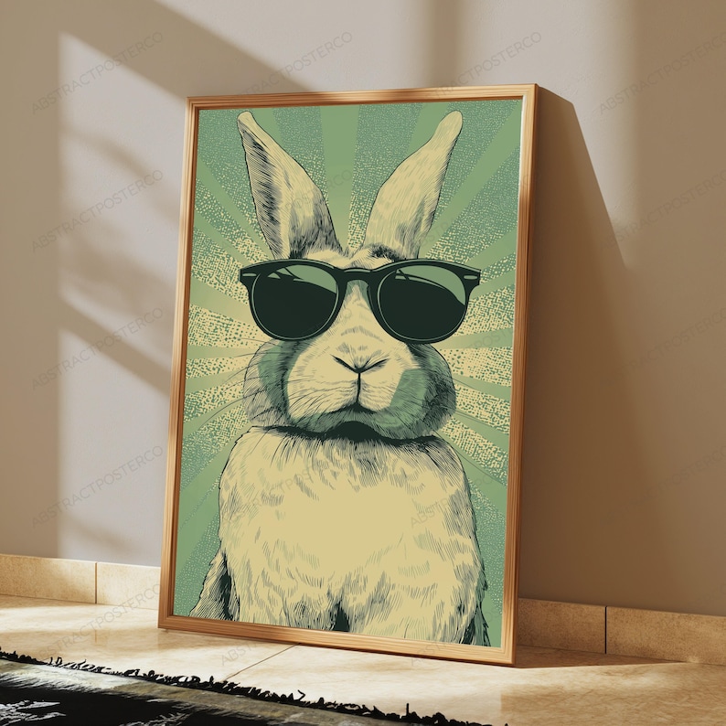May include: A rectangular wall art print featuring a stylized illustration of a rabbit wearing black sunglasses. The rabbit is centered against a light green background with radiating sunburst lines and a dotted texture pattern throughout the design.
