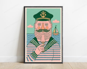 Seemannskapitän mit Bart isst Eiscreme – Kunstdruck | Maritimer Humor | Retro-Dekoration | Digitaler Download (A3, A2, A1)