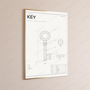 Technical Key Blueprint Print | Vintage Engineering Diagram | Minimalist Industrial Wall Art image 3