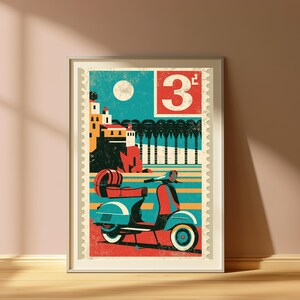 May include: A vintage-style postage stamp print featuring a teal and red motor scooter in the foreground. The background displays a coastal town with white buildings, palm trees, a full moon, and horizontal stripes. The number 3 is printed in red.