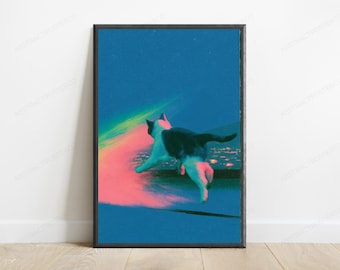 Neon Running Cat Vaporwave Photo Art Print | Cyberpunk Feline Wall Art | Aesthetic Home Decor | Digital Download A3 A2 A1
