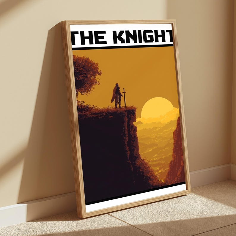 Medieval Knight Cliff Sunset Pixel Art | Golden Hour Fantasy Wall Art | Minimalist Gaming Decor | Digital Download A3 A2 A1 image 4