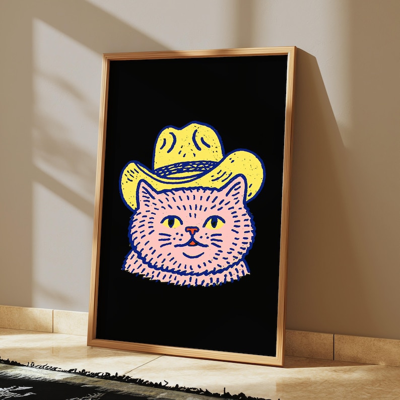Lámina de arte pop de gato vaquero / Gato occidental con sombrero amarillo / Arte de pared minimalista y original / Descarga digital A3 A2 A1 imagen 2