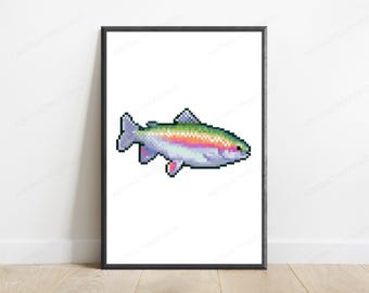 Rainbow Trout Pixel Art Print | 16-Bit Fish Wall Art | Retro Gaming Decor | Digital Download A3 A2 A1