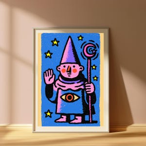 May include: A framed art print featuring a pink-skinned wizard in a purple pointed hat and robe, holding a staff with a crescent moon topper. The wizard has an eye symbol on the robe, a raised hand, and is surrounded by yellow stars on a blue background.