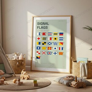 International Signal Flags A-Z Chart in Sage shown in a hallway