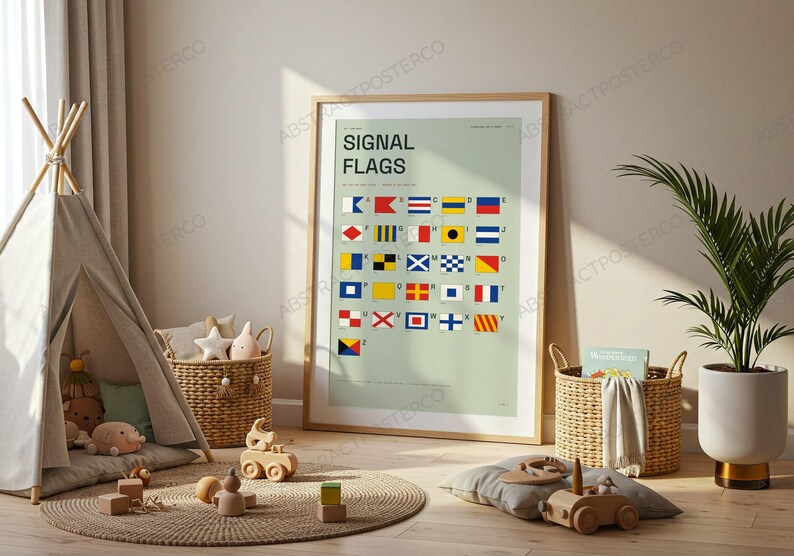 International Signal Flags A-Z Chart in Sage shown in a hallway