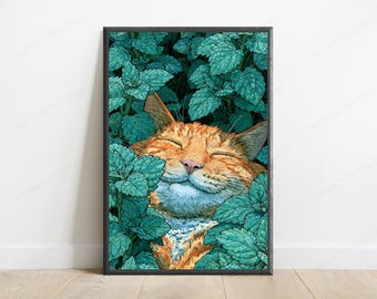 Ginger Cat in Turquoise Hops Garden | Peaceful Animal Wall Art | Botanical Home Decor | Digital Download A3 A2 A1