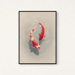 May include: A framed wall art print featuring two koi fish swimming in a circular motion within light gray water. One fish is solid red, while the other is white with red patches. Small bubbles rise from the center of the swirling water pattern.