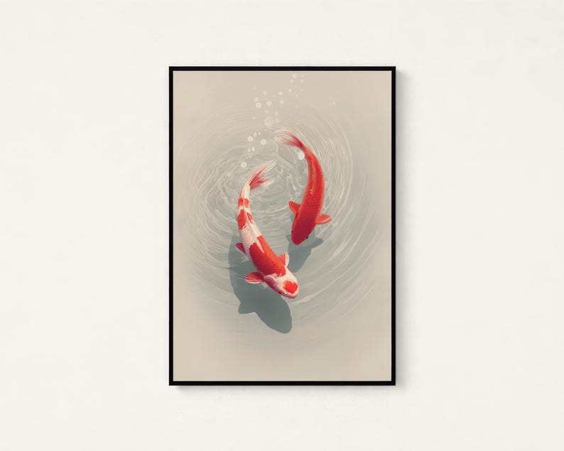 May include: A framed wall art print featuring two koi fish swimming in a circular motion within light gray water. One fish is solid red, while the other is white with red patches. Small bubbles rise from the center of the swirling water pattern.