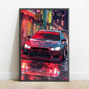 Red Sports Car Rain Neon City Print | Cyberpunk Wall Art | Modern Street Art Decor | Digital Download A3 A2 A1 image 7
