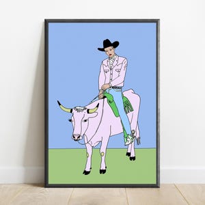 Pink Cowboy Rider Pop Art Print | Western Bull Portrait | Minimalist Wall Art Decor | Digital Download A3 A2 A1 image 1