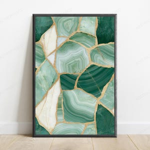 May include: A framed wall art print featuring a mosaic pattern of various shades of green and white agate stone slices. The individual stone segments are separated by thin, textured gold lines that create a cracked or kintsugi-inspired effect.