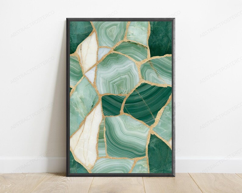 May include: A framed wall art print featuring a mosaic pattern of various shades of green and white agate stone slices. The individual stone segments are separated by thin, textured gold lines that create a cracked or kintsugi-inspired effect.
