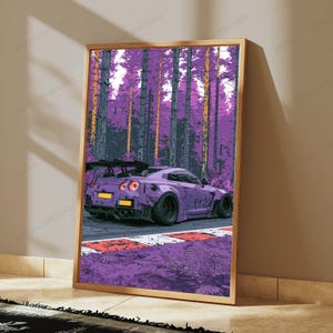 Lila sportbilsskogskörning | Neon Vaporwave-väggkonst | Modern popkonst-tryck | Digital nedladdning A3 A2 A1 bild 4