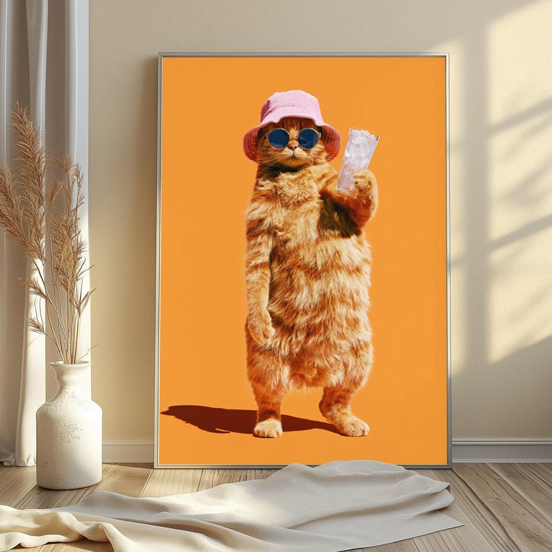 May include: A framed wall art print featuring an orange tabby cat standing upright against a solid orange background. The cat wears a light pink bucket hat and dark round sunglasses while holding a clear glass filled with ice cubes in one paw.